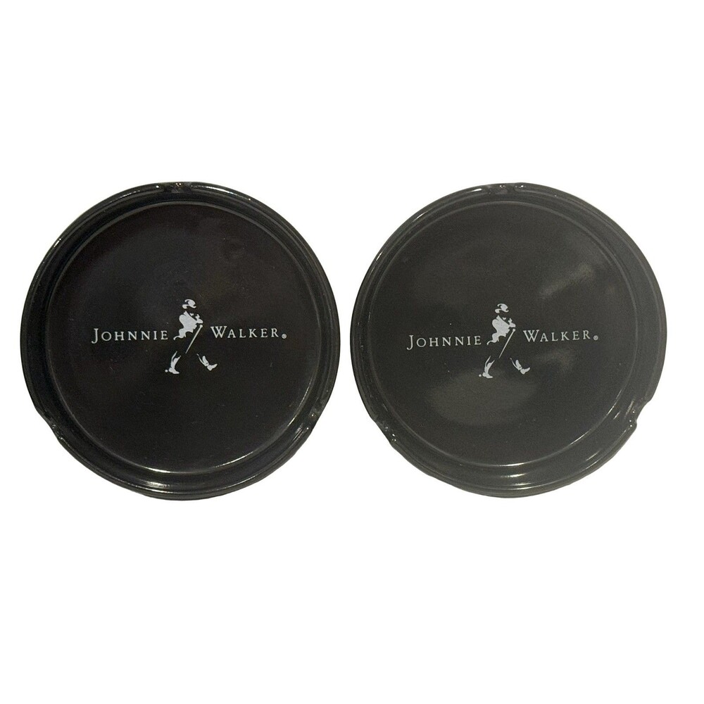 Johnnie Walker Ashtray Ceramic Black Round Striding Man Logo Set of 2